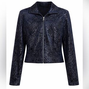 Joseph Ribkoff Jacket Metallic Animal Print Zip Stretch Blue Black Size 8